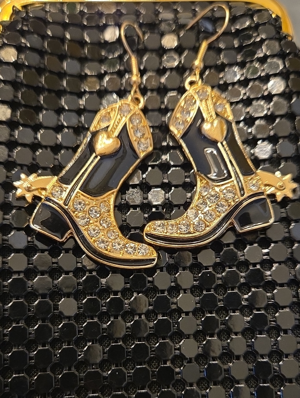Gold and Black Crystal Cowboy Boot Dangle Earrings W/gold heart Accents